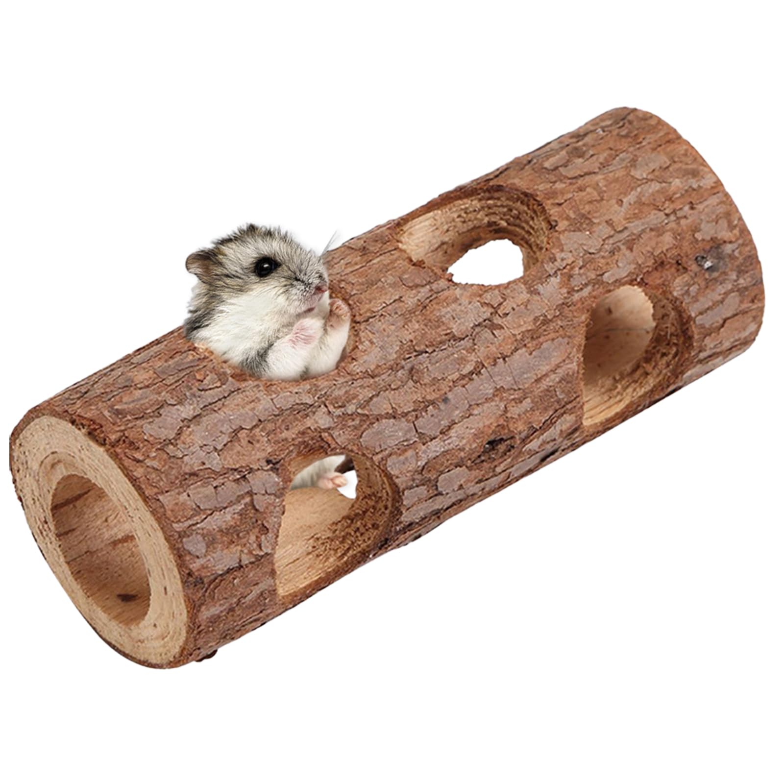 ハムスターなど小動物のケージ内で使いやすい木製の遊び道具です。切り株風トンネルとして隠れ家や遊び場にできます。かじる、くぐる、休むなど複数の使い方ができ、ケージ内の環境づくりに役立ちます。天然素材風のため形や色に個体差があります。破損やささくれがある場合は使用を中止してください。