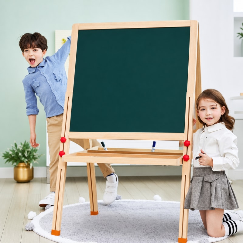 BADUSの子供用黒板イーゼルです。木製調フレーム、グリーンの板面、トレー、赤系のつまみが見えるスタンド式のお絵かきボードです。子供部屋や遊びスペースに置きやすい、やわらかな印象のデザインです。仕様はA型、B型、C型、136タイプ、146タイプの5種類です。形や大きさの印象は選択肢名と商品画像を見比べて確認してください。ペン、チョーク、カップ、玩具、家具、人物などは撮影小物です。商品本体の形状、色味、トレー部分は掲載画像で確認できます。選択肢名と画像の内容を確認してからお選びください。ご注文前に、希望する本体タイプ、板面の見え方、トレー部分の形を商品画像と選択肢名で再確認してください。