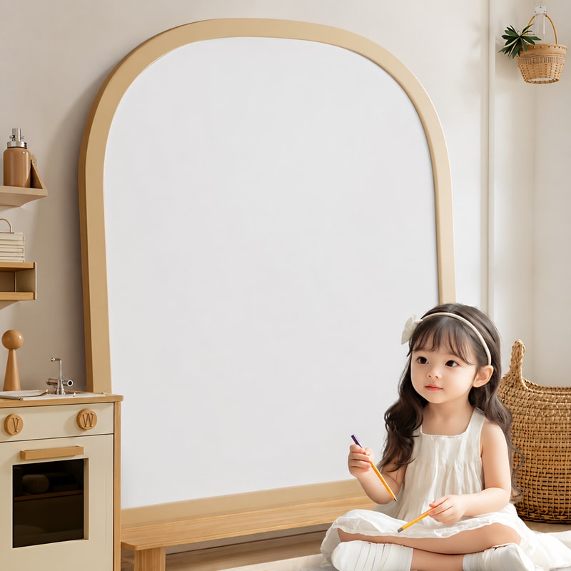 BADUSの子供用お絵かきボードです。アーチ型のフレームと黒白両面のボード面が特徴で、子供部屋や遊びスペースに置きやすい見た目です。やさしい色合いで、インテリアにもなじみやすいデザインです。仕様はミニサイズ、A型、ベージュ系、ブラウン系、台付き有無から選べる6種類です。色、形、台付きタイプの違いは選択肢名と商品画像を見比べて確認してください。ペン、マグネット、収納棚、玩具、家具、人物などは撮影小物です。商品本体の形状と選択肢名で確認できる内容を基準にお選びください。付属小物や詳しい使用条件は掲載画像の範囲でご確認ください。ご注文前に、希望するボードの色、フレーム形状、台付き有無を商品画像と選択肢名で再確認してください。