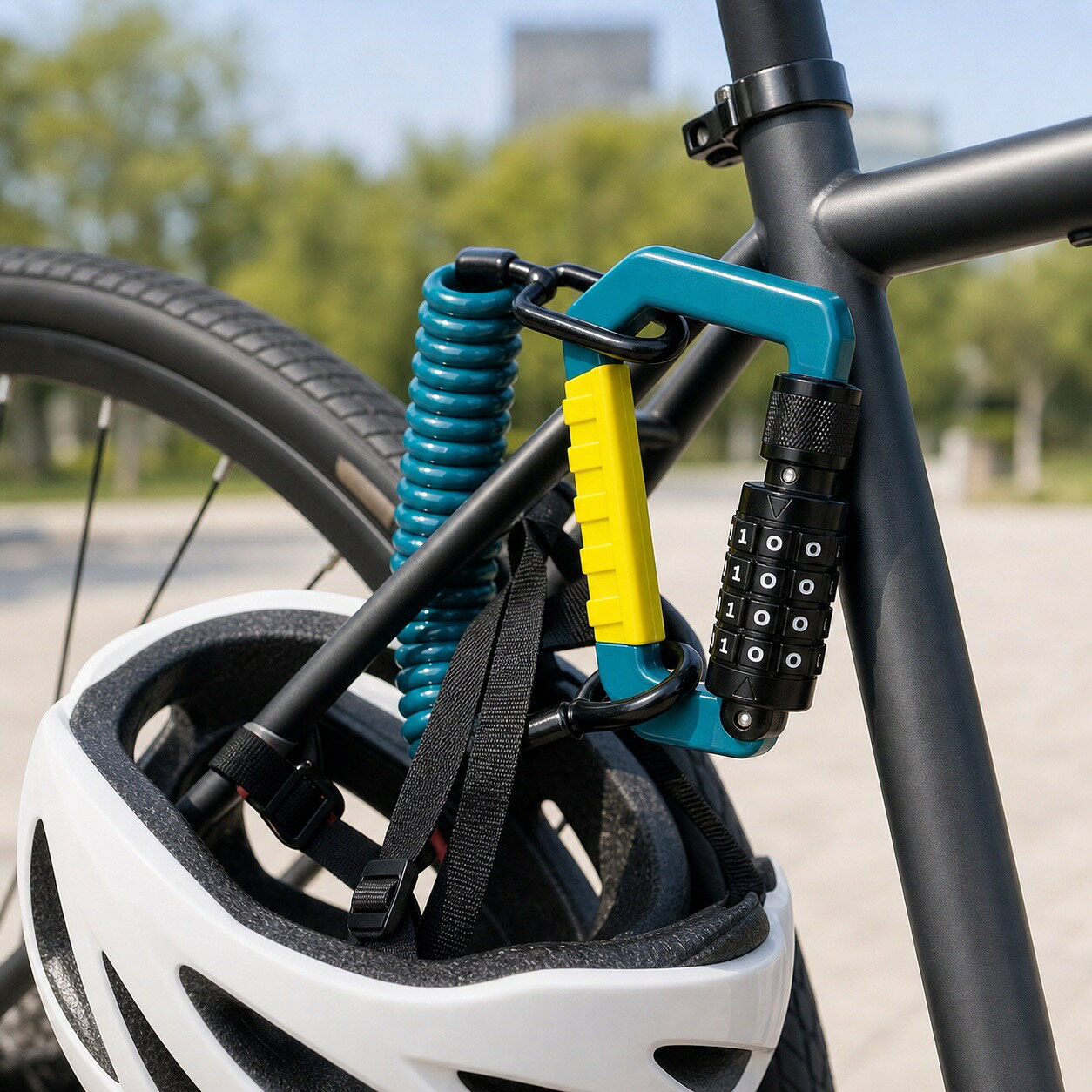 くらしのBADUSのBADUS ミニワイヤーロック 自転車 ヘルメットロック ダイヤル式 3桁 4桁 コイルケーブル 120cm カラビナ型 携帯用 スーツケース バッグ ブラック オレンジ グリーン イエロー シルバー｜アングル2