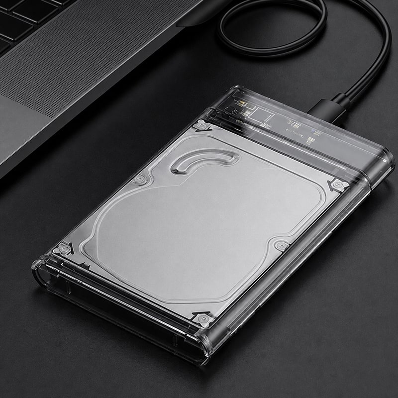 BADUSの2.5インチSATA HDD/SSD用外付けドライブケースです。透明またはスモークブラックのケースに、SATA接続の2.5型ストレージを入れてUSB接続で使う構成です。仕様はUSB2.0、USB3.0、USB3.1 Type-Cの3系統と、透明スモークブラックの2色です。選択肢名と白背景SKU画像を確認してください。USB2.0は480Mbps、USB3.0は5Gbps、USB3.1 Type-Cは6Gbps表記のSKUとして整理しています。実際の速度は接続機器やストレージにより変わります。画像内のHDD/SSD、ノートPC、机、小物は使用イメージです。商品内容は選択したドライブケースと対応ケーブルです。HDD/SSD本体は含まれません。