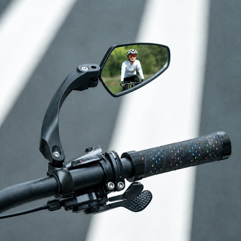 BADUSの自転車用バックミラーです。ハンドルバーまわりに取り付けて、走行前や走行中の後方確認をしやすくする自転車アクセサリーとして整理しています。商品画像とSKU情報では、左右一対のミラー、黒いアーム、ハンドルバー用クランプ、ブルー系の防眩ミラー面、ステンレス鏡面タイプ、ナイロン/伸縮/カーボン調などの仕様差を確認できます。仕様はナイロン防眩、伸縮防眩、カーボン防眩、ステンレス鏡面の4種類です。ご購入前にSKU画像、取付部の形状、ご使用のハンドル径を確認してください。自転車本体、グリップ、工具、人物、背景小物は撮影使用イメージで商品には含まれません。特定メーカー専用品、完全な防眩性能、防爆性能、すべての車種への適合、耐衝撃性能は保証していません。走行前に固定部の緩みがないか確認してください。