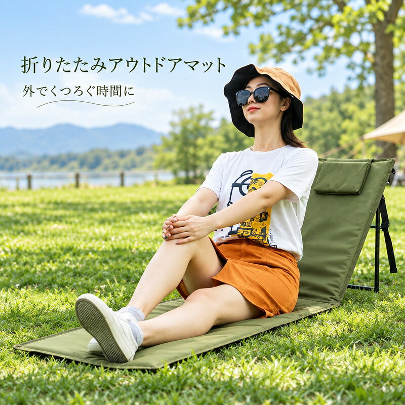 🏕 背もたれ付きで、ゆったりくつろぐアウトドア時間。 BADUSの折りたたみアウトドアマットは、芝生・キャンプ・砂浜などで座ったり寝転んだりしやすいレジャーマットです。 🪑 三つ折り＆背もたれ付き 三つ折り構造で持ち運びや収納にも取り入れやすく、背もたれ付きのラウンジスタイルで屋外の休憩スペースを作れます。背面には枕付き部分も備えています。 サイズ 約157.5×52cm 構造 三つ折り・背もたれ付き カラー グリーン・カーキ・迷彩 🎒 屋外レジャーの休憩スペースに 芝生でのピクニックやキャンプ、砂浜での休憩などに活用できます。座るだけでなく、寝転んで休みたいときにも使いやすいアイテムです。 🎨 3タイプから選べます グリーン・カーキ・迷彩の3タイプをご用意。カーキ・迷彩は収納袋付きの仕様です。ご注文時にカラーと付属内容をご確認ください。 📌 ご注文前・ご使用前にご確認ください ※販売対象は選択したマット本体と、該当タイプの収納袋です。 ※使用前に地面の状態、脚部の開き、縫製部などを確認し、平らで安定した場所でご使用ください。 ※濡れた場所、強い摩擦、火気の近くでの使用は避けてください。 ※使用後は汚れや湿気を拭き取り、十分に乾かしてから保管してください。 ※帽子、衣類、背景小物、屋外の道具などは商品に含まれません。