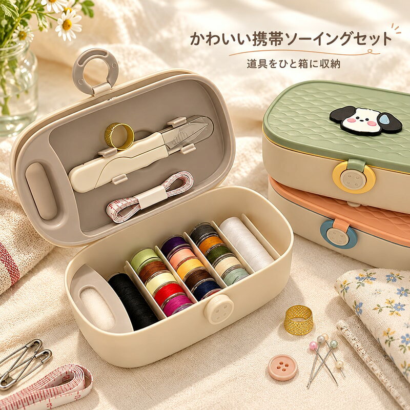 家庭、学生寮、旅行先で使いやすい携帯用ソーイングセットです。丸みのある収納ケースに、糸、針、はさみ、メジャー、ボタンなどの裁縫小物をまとめて保管できます。カラーはブルー×ピンク、イエロー×グリーン、ホワイト×グレーの3種類です。開いたときに中身を確認しやすく、急なほつれ補修やボタン付けの備えとして、引き出しやバッグに入れやすい小型タイプです。ケースサイズは約15×9×6.5cmです。デスク横、寮の収納棚、旅行バッグ、玄関まわりなどにも置きやすく、必要な道具をひと箱にまとめたい方に向いています。針やはさみなど鋭利な道具を含みます。使用後は必ずケースに戻し、小さなお子様の手の届かない場所で保管してください。撮影用の机、植物、ノートなどの背景小物は付属しません。