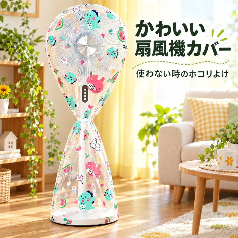 BADUSの扇風機カバーです。使わない時の扇風機にかぶせて、ホコリよけやオフシーズンの保管に使いやすいカバーです。透明感のあるカバーに小恐竜柄、ひまわり柄を合わせたかわいいデザインです。仕様は半包タイプと全包タイプがあり、各仕様は1枚入りです。扇風機本体は付属しません。撮影小物は使用イメージで商品には含まれません。形状やサイズはお手持ちの扇風機に合うかご確認のうえご注文ください。