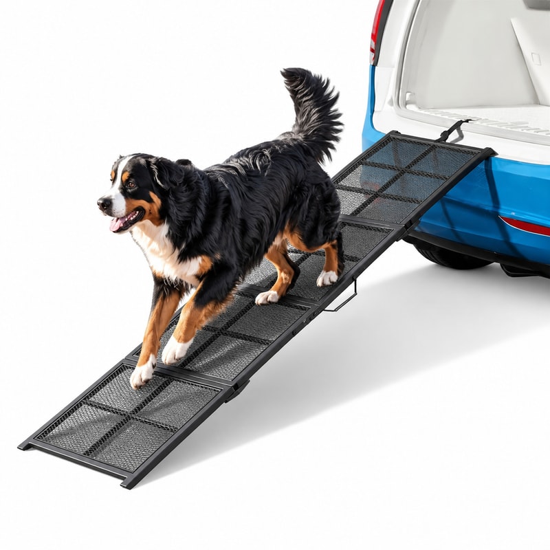 車の荷室まわりで使いやすい、ブラックのペット用折りたたみスロープです。黒いフレーム、メッシュ状の踏み面、折りたたみ構造が確認できます。使用時はスロープとして広げ、使わない時は折りたたんで収納しやすい形です。ペットや車は撮影用の参考です。撮影小物は商品に含まれません。重量条件、正確な寸法、専門用途に関する内容は元データで確認できる範囲に限定しています。車の乗り降りや段差まわりで、ペットが移動しやすい導線を作りたい時に使いやすい折りたたみスロープです。設置面が安定していることを確認し、ペットの体格や動きに合わせて無理のない範囲で使用してください。専門用途や具体的な重量条件は記載していません。使用前にヒンジ部と接地面を確認し、傾きがある場所では使わないでください。使用前にヒンジ部と接地面を確認し、傾きがある場所では使わないでください。