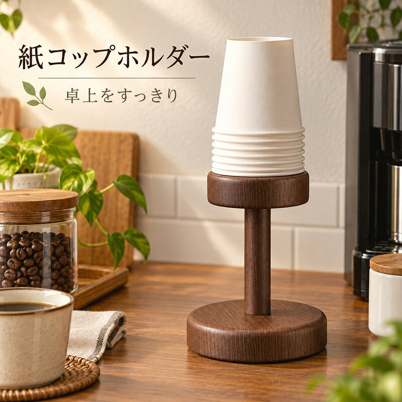 木目調の紙コップホルダーです。卓上やカフェコーナーで紙コップを立てて置きたい時に使いやすく、丸い台座と支柱のシンプルな構造で、キッチン、給湯スペース、作業台まわりをすっきり見せられます。源画像で確認できるサイズは約10×10×11cmです。上部の受け部分と台座を使って紙コップをまとめるタイプで、木目調の落ち着いた質感がインテリアになじみます。省スペースで置けるため、来客用の紙コップ置き、休憩スペースの整理、コーヒーまわりの小物整理に合わせやすい商品です。コンパクトな卓上用品のため、棚の上、カウンター、デスク横など、置きたい場所の奥行きと高さを事前に確認すると使いやすくなります。紙コップ、コーヒーマシン、撮影小物は付属しません。設置場所の幅や高さ、使用する紙コップのサイズを商品画像で確認してからご注文ください。