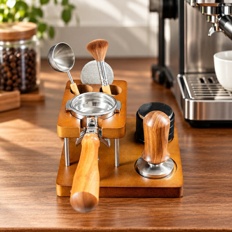 コーヒーの抽出準備をすっきり整えたい方に向けた、圧粉作業と器具収納をまとめやすいコーヒー圧粉台です。上段にハンドルやポルタフィルターを置き、下部の台座まわりにはタンパーなどの道具を整理して置ける、現在の画像で確認できる構造を生かして使えます。木調の落ち着いた外観は、エスプレッソマシンのそばやカフェカウンターに置きやすく、抽出前の道具を一か所にまとめることで、作業台を見渡しやすくします。現行ERPでは51mm、53mm、58mm、58mm大サイズの4仕様が登録されています。現在の仕様画像では、台座全体が約175×175mm、高さが約90mm、上段の支え部が約140mmとして表示され、中心部の表示は仕様ごとに約61.5mm、約63mm、約70mm、約72.5mmです。手元の器具外径や置き方によって適合は変わるため、購入前にお使いの器具と各画像の寸法表示をご確認ください。画像で見える木調の表面、上段の支え構造、金属棒、円形の置き位置を生かし、日々の抽出動作を落ち着いて準備できます。設置時は平らで安定した場所を選び、無理な力をかけず、汚れや水分を拭き取ってから保管してください。仕様を選ぶ際は51mm、53mm、58mm、58mm大サイズの表示を確認し、手元の器具サイズと照合してください。コーヒー時間の道具を一つの場所に整えたい方におすすめです。ご検討のほど、よろしくお願いいたします。