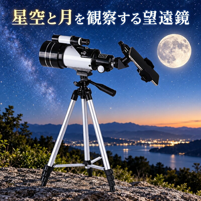 本商品は、星空や月、遠くの景色を観察するためのF30070天体望遠鏡です。源画像で確認できる70mm大口径の対物レンズと望遠鏡本体、光学ファインダー、正立天頂ミラー、伸縮式アルミ三脚を組み合わせた構成です。夜空を眺める時間だけでなく、昼間の地上観察にもお使いいただける設計として紹介されています。 鏡筒には約40cmの表示があり、三脚は資料上で40cmから138cmまで伸縮する表示が確認できます。別の説明画像には43cmから138cmという表記もあるため、設置時はご注文前に掲載画像の数字と実際の設置場所をご確認ください。光学系の説明には70mmの対物レンズと300mmの焦点距離が示され、H20mm、H12.5mm、H6mmの接眼レンズ、1.5倍および3倍の補助レンズが付属品として掲載されています。 光学ファインダーには十字の目印があり、観察したい方向を探すときの目安になります。多方向に調整できる雲台や高さを変えられる三脚を使い、見たい対象に合わせて向きを整えてください。スマートフォンを固定するための撮影クリップや、星図、コンパス、月用フィルター、防塵カバーなどが説明画像に掲載されています。セットによってはBluetooth撮影器または手提げ収納袋が含まれる構成も確認できます。 太陽を観察する場合は、説明画像で案内されている専用フィルターを正しく装着し、破損したフィルターは使用しないでください。月用フィルターや接眼レンズは用途を確認してから取り付け、各部が確実に固定されていることを確認してください。商品画像の構成、付属品、寸法表示をよくご確認のうえ、自然な明るさの場所で安全にお楽しみください。星空を身近に感じる観察時間づくりにお役立ていただけますと幸いです。ご検討いただけますと幸いです。
