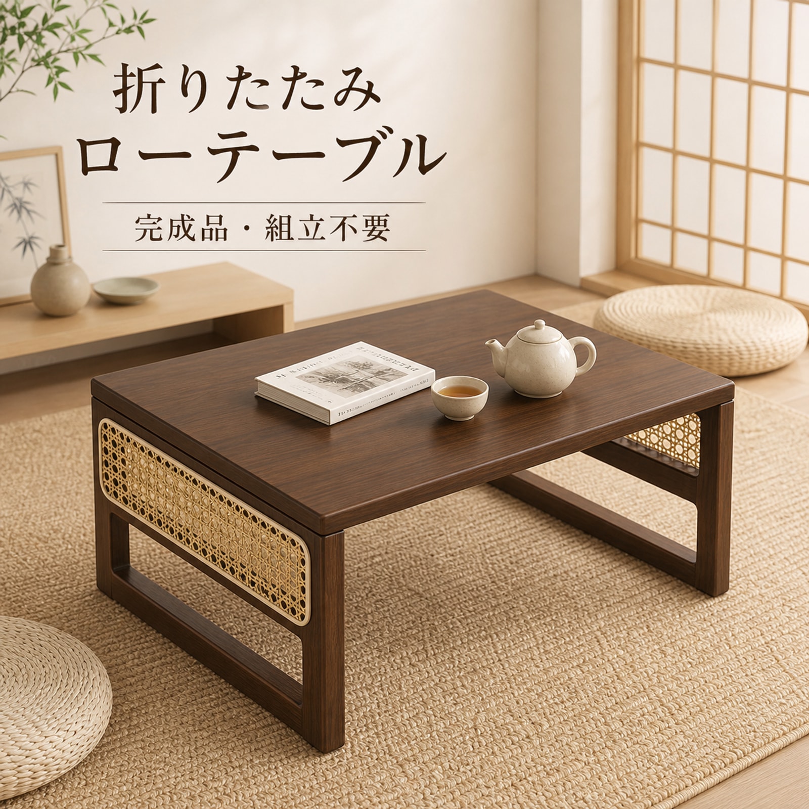 BADUS ローテーブル 折りたたみ センターテーブル 籐編み風 樹脂ラタン 完成品 省スペース 座卓 ちゃぶ台 リビング 和室 寝室 ベッド テーブル 勉強机 幅60cm 100cm ウォールナット ナチュラル