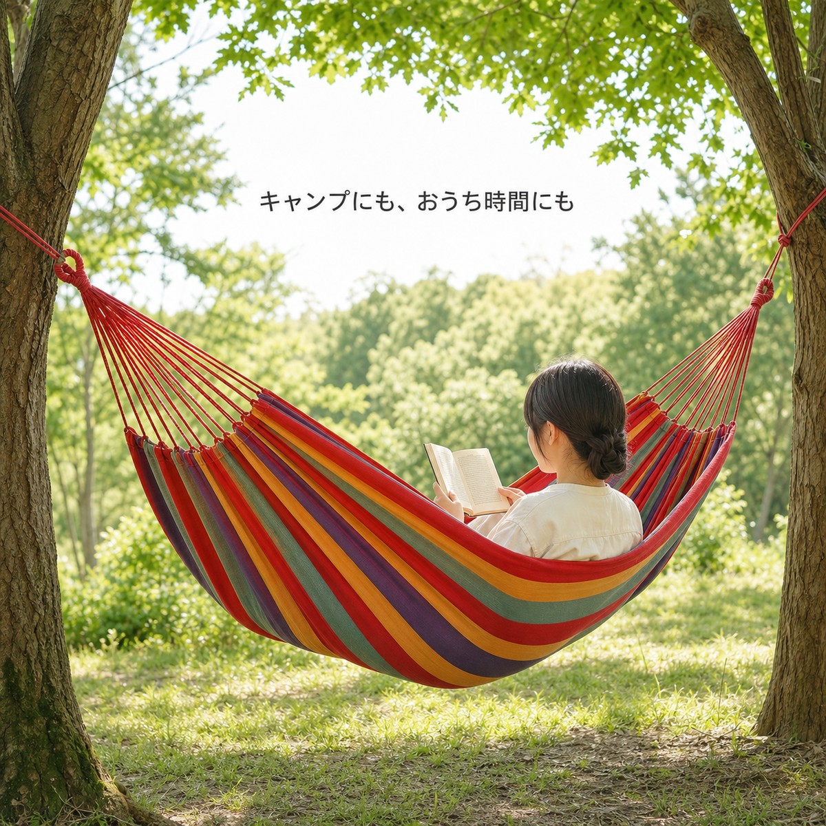 くらしのBADUSのBADUS ハンモック 小型 布製 厚手キャンバス 室内 屋外 キャンプ アウトドア ピクニック 吊り下げ チェア ベッド 持ち運び 収納袋 ロープ付き カラフル ブルーグリーン 一人用 くつろぎ｜アングル2