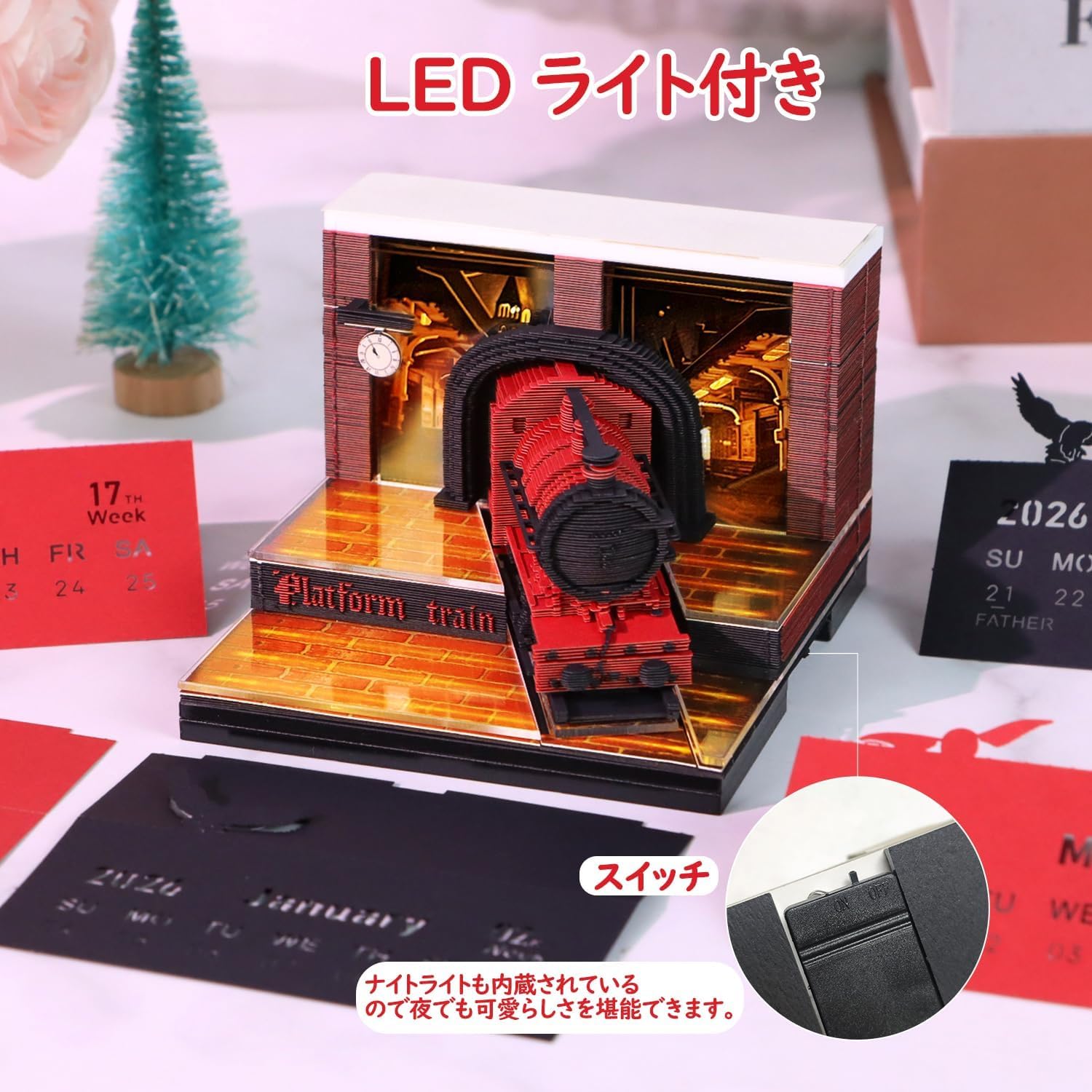 BADUS 3D ペーパーアートメモ帳 蒸気機関車モデル LED ライト内蔵・カレンダー機能...