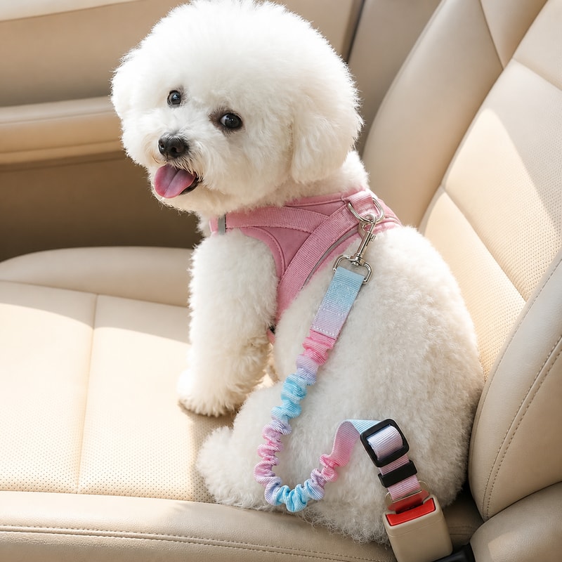 BADUS 犬用 車載シートベルト 弾力タイプ 長さ調整 回転ナスカン ハーネス接続 ドライブ用 ペット用品 3色グラデーション