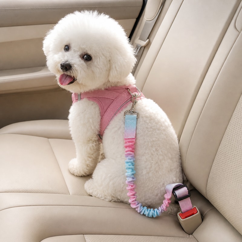 くらしのBADUSのBADUS 犬用 車載シートベルト 弾力タイプ 長さ調整 回転ナスカン ハーネス接続 ドライブ用 ペット用品 3色グラデーション｜アングル2