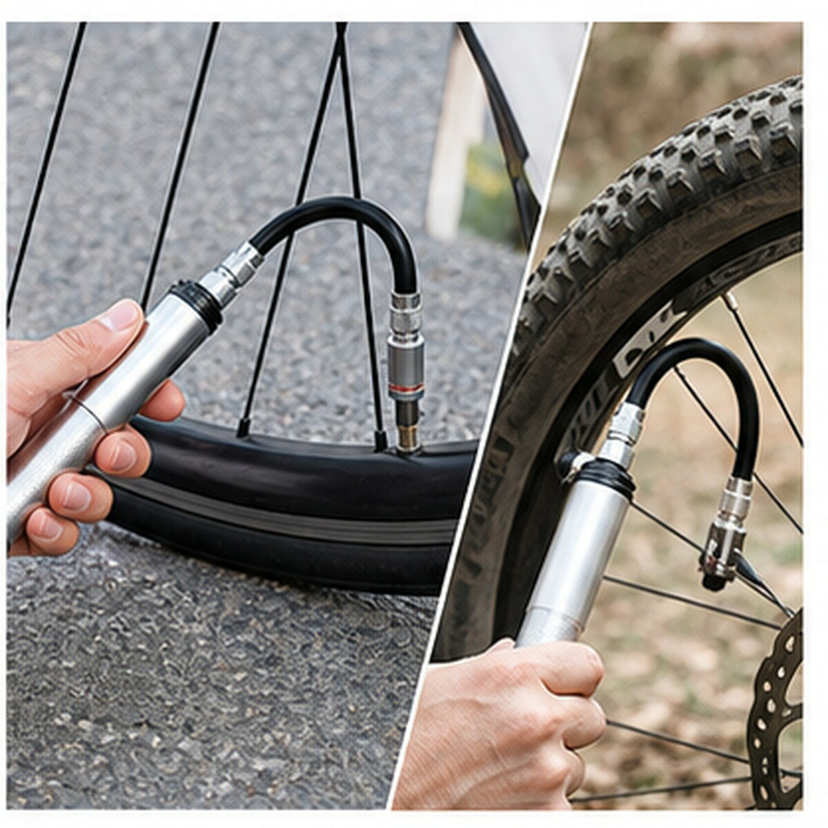 BADUSの自転車用携帯ポンプです。コンパクトな本体にフレキシブルホースを組み合わせ、ロードバイク、MTB、クロスバイクなどのタイヤ空気補充に使いやすい仕様です。ホース式のためバルブまわりに角度を合わせやすく、仏式米式バルブに対応します。ミニサイズでフレーム装着やバッグ収納に向き、サイクリング中の携帯工具として役立ちます。バリエーションはシルバーホワイト120PSI、チタンカラー160PSIダブルヘッドバルブの2タイプです。用途や車種、好みのカラーに合わせて選べます。アルミ合金を中心にした本体は軽量で、握りやすいローレット風のグリップと黒い樹脂パーツを組み合わせています。ホース、バルブヘッド、ブラケット形状の携帯パーツを確認しやすい構成です。使用前にタイヤ側のバルブ形式と必要空気圧を確認し、車体やホイールに無理な力がかからない角度でゆっくり空気を入れてください。使用後はホースと先端部を本体に沿わせて収納してください。