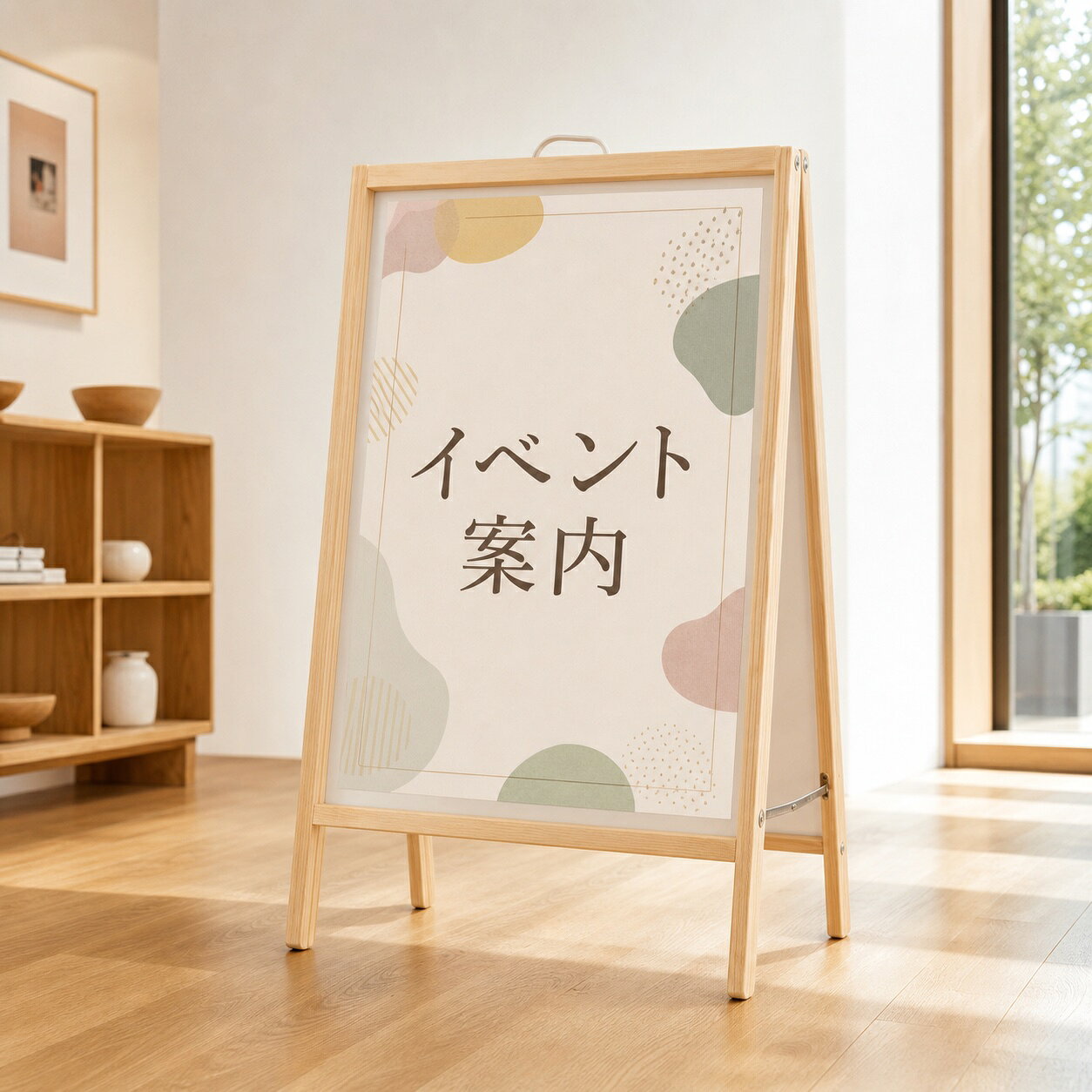 BADUSの木製ポスタースタンドは、店舗の案内、作品展、展示会、イベントスペースなどで掲示物を見やすく設置するためのディスプレイ用品です。ナチュラルな木目のフレームは、カフェ、ショップ、ギャラリー、教室などの室内空間になじみやすい外観です。上部には持ち手があり、フレームの背面は脚を開いて設置する構造です。側面の金属ステーが前後の脚をつなぎ、使用時の形を支えます。使用後は脚を閉じて保管しやすい形状です。対応ボードサイズは40×60cm用と60×90cm用の2種類です。40×60cm用は本体外形の目安が約50×80cm、60×90cm用は約70×110cmです。掲示するボードやポスターの実寸を確認してから仕様を選択してください。ポスター、印刷物、装飾品は付属しません。平らで安定した室内床面に設置し、通行の妨げにならない場所で使用してください。強い風が当たる場所や傾斜面では使用せず、移動前に掲示物を外してください。天然素材のため木目や色味に個体差があり、入荷時期により細部仕様がわずかに異なる場合があります。