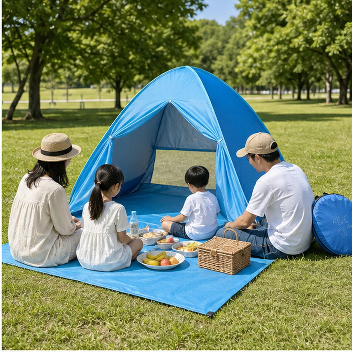 BADUSのポップアップテントは、海水浴、公園、ピクニックなどで日よけスペースを作りたい時に使いやすい、コンパクトなサンシェードテントです。フロア一体型のドーム形状で、前面のマット部分を広げて座るスペースとして使えます。前面にはファスナー式のドアカーテンがあり、開けた時は左右にまとめられます。後部にはメッシュ開口部とカーテンを備え、使用場面に合わせて開閉できます。使用時の目安サイズは約150×165×110cmです。使用後は丸型の収納バッグにまとめて持ち運べます。カラーはツートーングリーン、ツートーンブルー、グリーンストライプ、ブルーストライプ、レモンプリント、ツートーンピンク、オレンジイエローの7種類です。本品は日帰りレジャー向けの簡易サンシェードです。宿泊用テントではありません。使用前にフレーム、縫製部、ファスナー、固定部に異常がないか確認してください。強風、雨天、火気の近くでは使用せず、周囲の安全を確認して設置してください。たたむ際はフレームの反発に注意し、無理にねじらないでください。