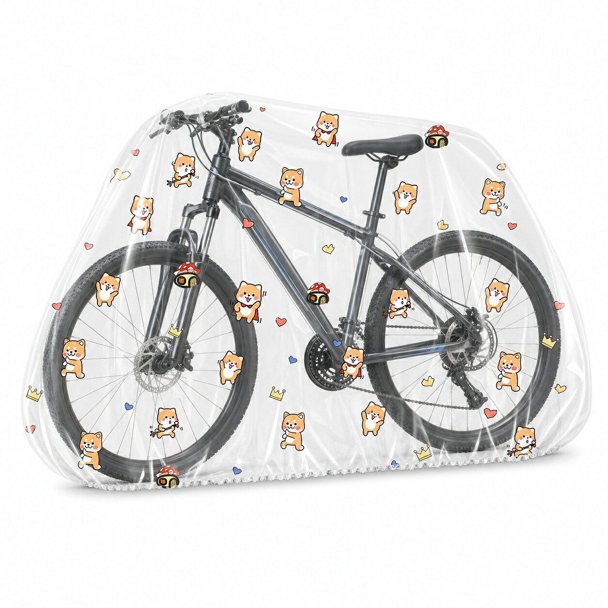 BADUSの透明自転車カバーです。透明な二重フィルムで車体全体を包み、保管中に雨、ほこり、日差しが直接当たるのをやわらげます。カバー越しに車体を見分けやすく、駐輪場所で複数台を管理するときにも便利です。サイズは小サイズと中サイズの2種類です。小サイズは約180×110cmで20〜26インチの自転車向け、中サイズは約220×110cmで27〜29インチの自転車向けが目安です。ハンドル幅、サドル高、前かご、後ろかご、スタンドなどを含む実車寸法を確認し、余裕のあるサイズを選んでください。柄は子犬、サンフラワー、アンブレラ、アクティブガールの4種類です。透明地に小さなモチーフを散りばめ、車体の色を生かしながら駐輪空間へ明るい印象を添えます。各柄に小サイズと中サイズを用意しているため、選択肢名で柄と対応インチを確認してください。二重に重ねた透明フィルムは、一般的な薄手フィルムよりも扱いやすい厚みを持たせています。裾にはゴムを通し、車輪の下側へ沿わせやすい仕様です。装着はカバーを車体上部からかぶせ、前後を整えてから裾を車輪周辺へ沿わせてください。使用しないときは小さく折りたためます。本品は保管環境の影響を軽減するためのカバーです。裾、開口部、素材の折り目などから水分が入り込む場合があります。強い風雨では屋根のある場所へ移動し、内部に湿気がこもらないよう定期的に外して換気してください。濡れた場合は水分を拭き取り、十分に乾かしてから折りたたんでください。走行前には必ずカバーを取り外してください。高温部、鋭利な部品、回転部へ触れたまま使用しないでください。無理に引っ張るとフィルムや裾ゴムを傷める場合があります。車体形状や追加装備により適合しない場合があります。