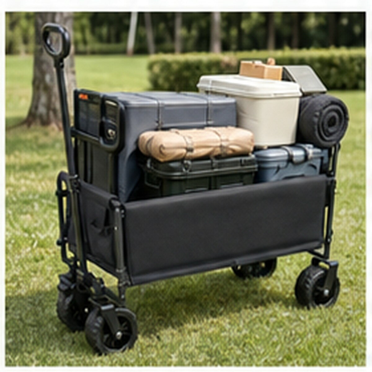 BADUSのベンチ型アウトドアワゴンは、荷物を運ぶキャリーワゴンと、背もたれ付きのベンチとして使える折りたたみ式アウトドアカートです。大型タイヤ、伸縮ハンドル、スチールフレームを備えています。ワゴン単品のほか、折りたたみテーブルとチェアを組み合わせたセットから選べます。付属内容は選択肢名とSKU画像を確認してください。使用前にフレーム、車輪、ロック部を点検し、平らで安定した場所で使用してください。人を乗せたまま移動せず、傾斜地や段差では転倒に注意してください。商品画像の車両、キャンプ用品、背景小物は付属しません。入荷時期により細部の色味や仕様がわずかに異なる場合があります。使用前に各部を点検し、周囲の安全と設置状態を確認してください。
