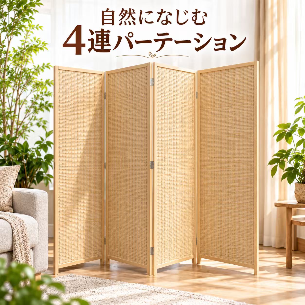 BADUS 竹編み調パーテーション 間仕切り 衝立 折りたたみ 高さ150cm 40cm幅 50cm幅 3連 4連 5連 目隠し 玄関 リビング 寝室 店舗 施設 省スペース ナチュラル