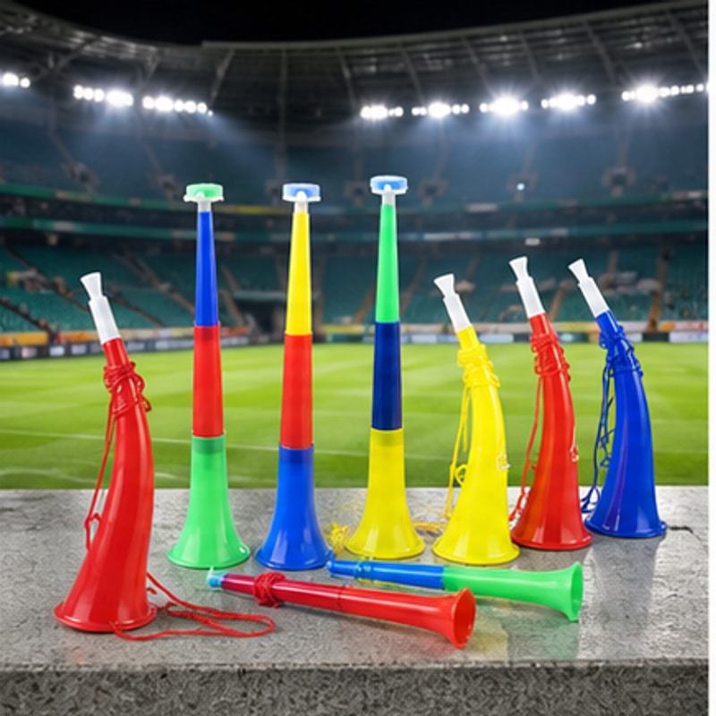 BADUSの応援ホーンは、サッカー観戦、運動会、スポーツイベントなどで応援の雰囲気づくりに使いやすいカラフルなプラスチック製ホーンです。源画像では、牛角ホーン、ストレートホーン、三連ロングホーンの形状違いを確認できます。仕様は、牛角ホーン5個、ストレートホーン5個、三連ロングホーン5個、三連ロングホーン10個の4種類です。色は源情報でランダム扱いのため、商品画像は混色イメージとして掲載しています。固定色を選ぶ商品ではありません。源画像で確認できる目安は、牛角ホーンが長さ約23cm口径約7cm、ストレートホーンが長さ約36cm、三連ロングホーンが長さ約58cmです。測定方法や個体差により多少前後する場合があります。サッカーボール、スタジアム、座席、芝生、背景小物は使用イメージであり商品に含まれません。音量や聞こえ方、会場での使用可否は環境やルールにより異なるため、使用前に会場イベントの規則を確認してください。