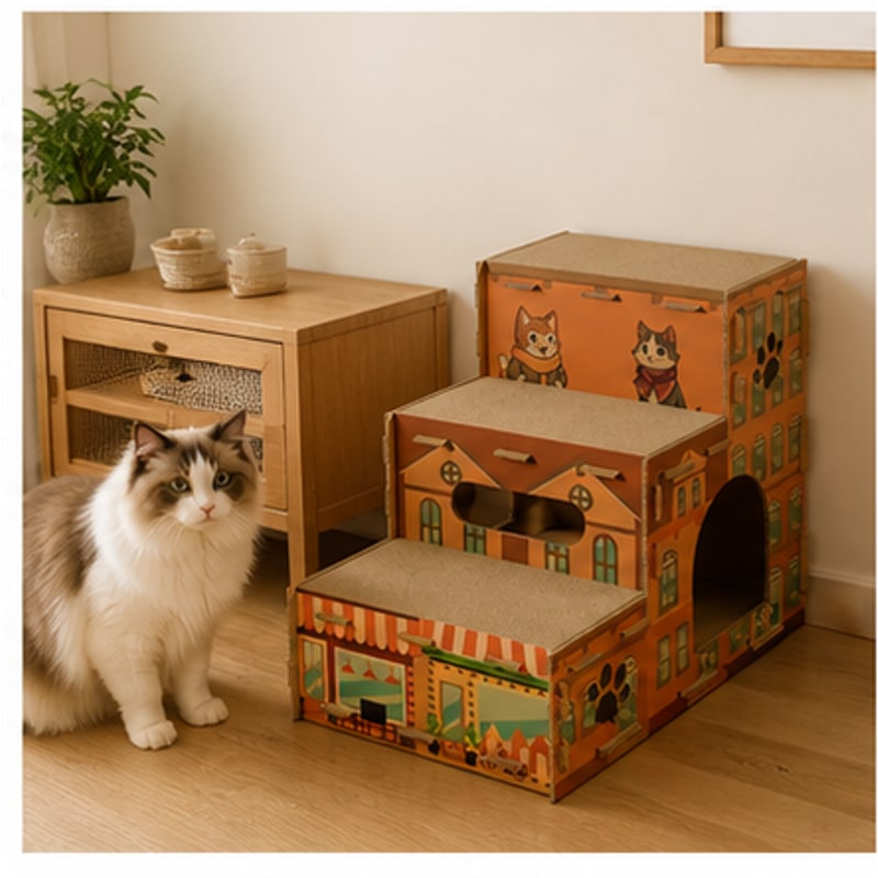 BADUSの猫用ステップハウスは、猫が上り下りしやすい多段ステップ、くつろげるハウス、爪とぎ面を一体にした室内用の猫用品です。源画像では、オレンジ系の建物柄プリント、複数の段、出入り口、上部の爪とぎ面を確認できます。有効SKUは標準タイプ1種類です。元データではサイズ数値、耐荷重、素材名、付属品、包装内容は確認できないため、商品説明では断定していません。リビングや窓辺など、猫が休む場所の近くに置きやすい形です。猫が中に入る、段に乗る、上面で爪とぎをするなど、見える構造に基づく使い方を想定しています。画像内の猫、家具、植物、マットなどは使用イメージであり付属しません。設置前に本体の破損、ぐらつき、爪とぎ面の摩耗がないか確認し、破損した場合は使用を中止してください。