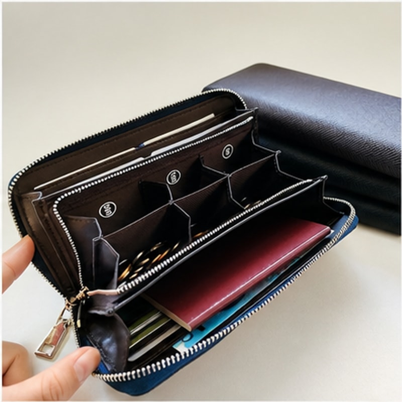 BADUSの長財布型トラベルコインケースです。日本円硬貨、カード、パスポートまわりの小物を分けて整理しやすい、ファスナー付きの旅行用収納ケースとして整理しています。元画像では、長財布型の外観、ファスナー、内側の仕切り、硬貨を分けられる小部屋、カード類を差し込める構造、ブラックピンクブラウンネイビーグレースカイブルーダークグリーンロイヤルブルーの8種類を確認できます。柄はクロス柄とデニム柄の2系統です。素材成分、本革かどうか、正確な外寸、収納枚数、RFID、防水性能などは元情報だけでは確認できないため断定していません。収納したいカード、パスポート、紙幣、硬貨のサイズをご確認ください。本商品はコインケース本体1点です。画像内の硬貨、カード、パスポート、帽子、サングラス、書類、背景小物は撮影用で商品には含まれません。