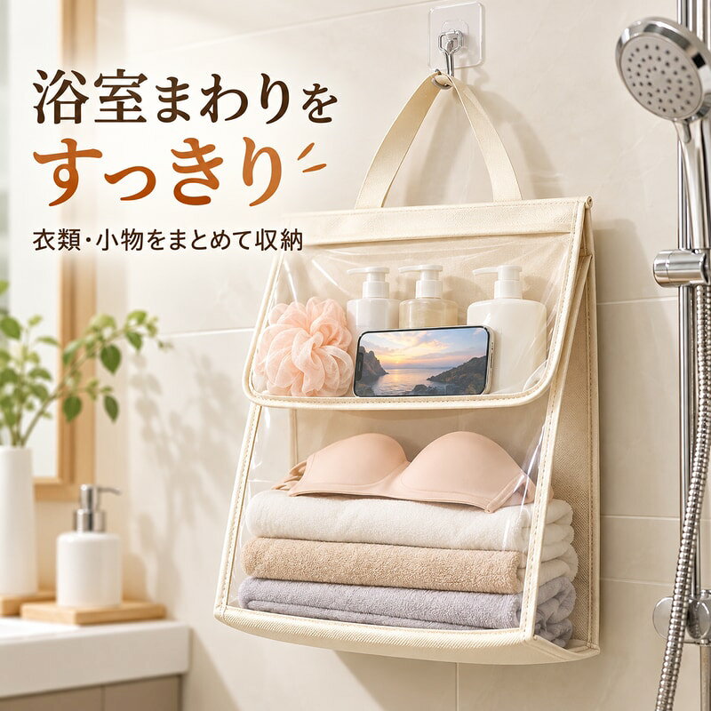 BADUSの浴室収納バッグです。壁に掛けて、衣類、タオル、洗面小物、スマートフォンなどをまとめやすい収納袋として使えます。透明窓付きで中身を確認しやすく、入浴前後の着替えや小物を分けて置きたい時に便利です。アイボリー2個組、ブルー2個組、ホワイト大1個、ブラック大1個の仕様を商品画像で確認できます。商品画像で確認できるサイズは、2個組タイプが約40×38×16cm、大きめタイプが約44×38.5×16cmです。浴室や洗面所での一時置きに使いやすい、透明窓付きの壁掛け収納です。人物、スマートフォン、衣類、タオル、シャワー設備、背景小物は使用イメージで、商品には含まれません。設置前にフックと壁面の状態を確認し、過度な荷重をかけず安定した場所でお使いください。