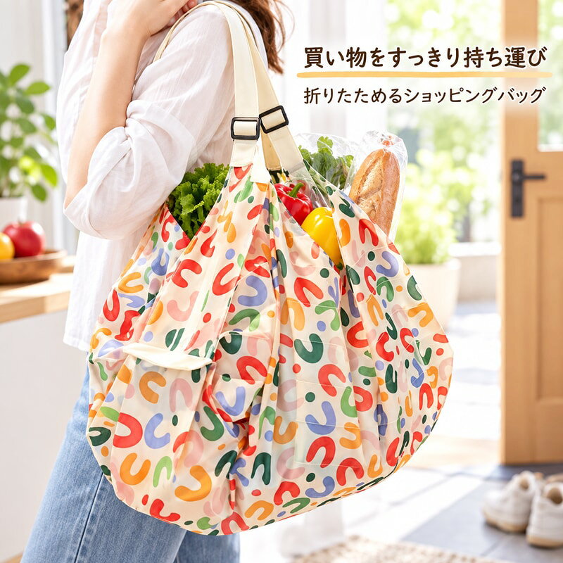 BADUSの折りたたみショッピングバッグです。買い物、旅行、外出時のサブバッグとして荷物をまとめやすい布地系のバッグです。手提げ肩掛けで使いやすく、使わない時は小さくたたんで収納できます。ピンク迷彩、黒豹柄、カラースクエア、ピンク迷彩+黒豹柄の仕様を商品画像で確認できます。本体の目安サイズは約50×35×18cm、折りたたみ時の目安は約9.5cmです。毎日の買い物や旅行時の荷物整理に使いやすい仕様です。人物、果物、飲料、背景小物、店内や室内の小物は使用イメージで、商品には含まれません。尖った物や過度に重い物を入れず、持ち手や縫い目の状態を確認してお使いください。