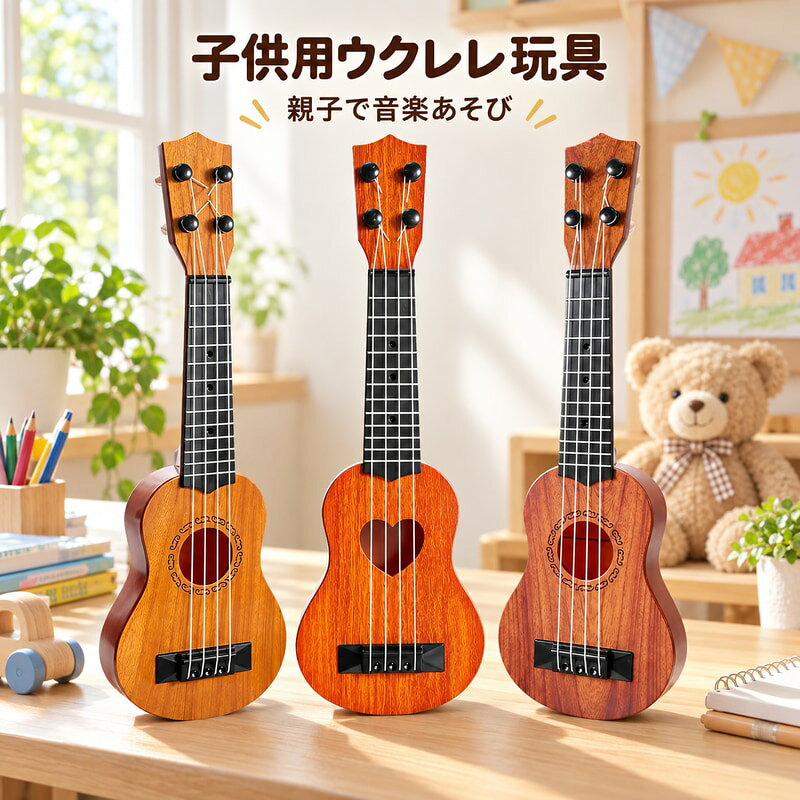 BADUSの子供用ウクレレ玩具は、4弦の小型ギター形状で、親子の音楽あそびや室内のごっこ遊びに取り入れやすいミニ楽器玩具です。木目調の丸孔13インチ、オレンジのハート孔11インチ、オレンジのハート孔13インチから商品画像の仕様を確認できます。源画像では開放式ペグ、弦、ピックで弾く使い方、ABS素材の本体表示を確認できます。教本とピックが付く構成も各バリエーション画像で確認できます。サイズは木目丸孔13インチとオレンジハート13インチが44×14cm、オレンジハート11インチが34×14cmです。ご注文前に選択肢名、商品画像、サイズ表記、同梱物をご確認ください。画像内の机、文具、植物、背景小物は使用イメージです。入荷時期により色味、木目調の見え方、細部の配置がわずかに異なる場合があります。