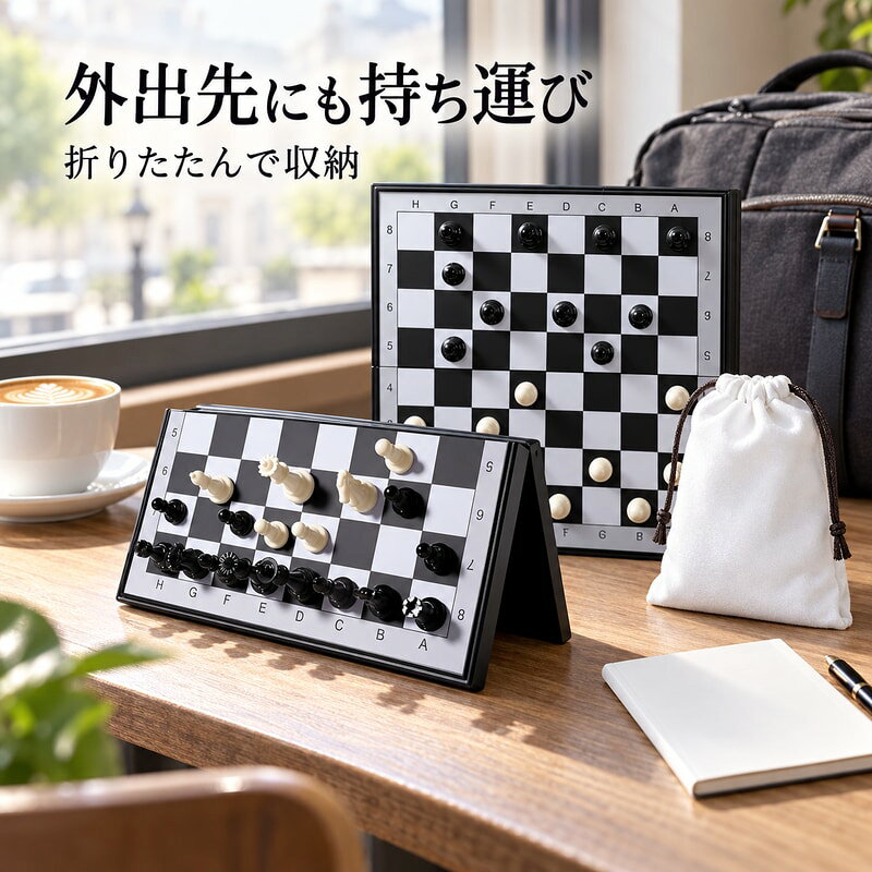 BADUSのマグネット式国際チェスは、磁石付きの駒と折りたたみ式チェスボードを組み合わせた携帯用ボードゲームセットです。家庭での親子時間、学生のチェス練習、外出先での対局遊びに使いやすい構成です。仕様はMサイズセット、Mダブルクイーン、Lサイズセット、Lダブルクイーンです。Mサイズは盤面約25cm×25cm、Lサイズは盤面約32cm×32cmの表示を商品画像で確認できます。入門書と駒収納袋も画像で確認できます。商品画像ではABS樹脂の質感、磁石吸着の使い方、折りたたみ盤面を確認できます。使用前に駒の数、盤面サイズ、収納袋と入門書の有無を商品画像と選択肢名で確認してください。画像内のテーブル、植物、文具、背景小物は使用イメージです。入荷時期により細部の色味や配置がわずかに異なる場合があります。