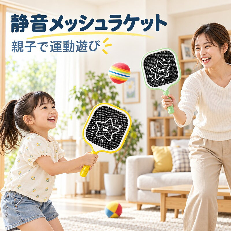 BADUSの子供用キャッチボールラケットです。メッシュ面のラケットでボールを投げて受ける、親子で遊びやすい運動玩具です。ラケット2本を中心に、ソフトボール、カラーボール、スポンジボールなどの付属内容が異なるセットを選べます。親子運動セットは、球拍セットに抛接吸盤球系の遊びを加えた組み合わせです。室内でも屋外でも、周囲に十分なスペースを確保して使用してください。軽量タイプのため、小さな子供でも持ちやすく、反応練習や親子の運動遊びに向いています。画像内の人物、部屋、庭、背景小物は使用イメージです。小さな部品を含むため、使用時は保護者の目の届く場所で遊んでください。