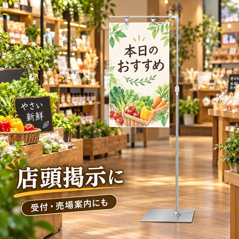 高さ1.2〜2.2mの伸縮表示用スタンドです。L型、T型、ダブル型の仕様が選択肢で確認できます。仕様は選択肢名と白背景の商品画像で確認してください。対象仕様: Lタイプ 1.2-2.2m / W-Lタイプ 1.2-2.2m / Tタイプ 1.2-2.2m / W-Tタイプ 1.2-2.2m。画像内の広告パネル、店舗小物、背景用品などは撮影用の演出で、商品に含まれない場合があります。設置場所や掲示物のサイズに合うタイプか、購入前に掲載画像と選択肢名をご確認ください。医療的効果、性能保証、耐荷重、防水性、付属品、詳細材質は断定しません。店舗案内、展示会、受付まわり、店頭POPの掲示など、用途に合わせてお使いください。