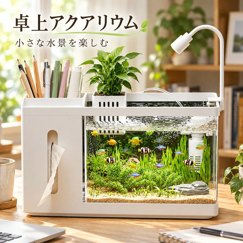 卓上や室内で使いやすい小型アクアリウム水槽です。透明感のある水槽本体、ライト、フィルターまわり、換水器や造景パーツの構成を、選択肢名と商品画像で確認できます。仕様は ホワイト 37.5cm / ブラック 37.5cm です。設置場所に合わせてカラー、サイズ、水槽まわりのスペースを確認してください。画像内の魚、水草、本、机、背景小物などは使用イメージです。選択肢名または商品画像で確認できる内容を除き、撮影用演出物は商品に含まれません。元データで確認できない耐荷重、防水等級、安全認証、精密な材質、長期性能は断定しません。飼育する生体に必要な水量、ろ過、保温、照明などの環境は購入前に別途確認してください。