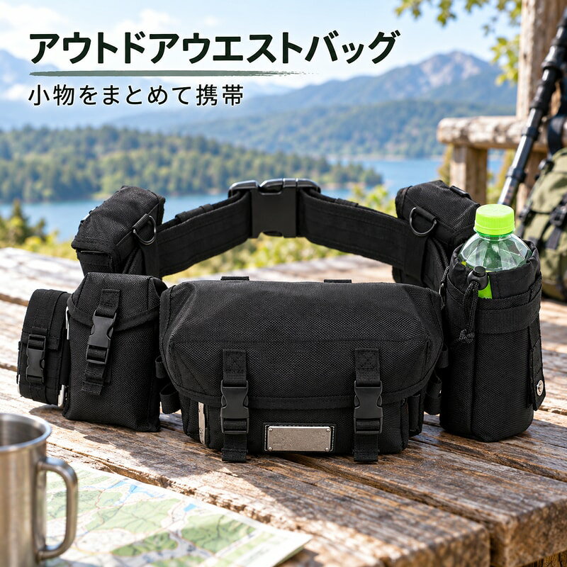 BADUS アウトドアウエストバッグ 多機能腰バッグ 取り外し式ポーチ付き ブラック オックスフォード調 旅行 登山 釣り 作業 小物収納 斜め掛け対応