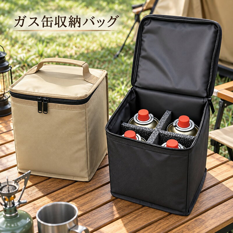 キャンプ用のガス缶やボトル類をまとめて持ち運びやすい、持ち手付き収納バッグです。ファスナーで開閉でき、内側の区画でカセットボンベや小物を立てて整理しやすい構造です。カラーはブラックとカーキ、サイズは大と小の構成です。大サイズは約22×24×16cmで6区画、小サイズは約16×24×16cmで4区画として確認できます。キャンプサイトへの持ち出し、車内での整理、屋外用品のまとめ収納に使いやすい形状です。購入前にカラー、サイズ、区画数を商品画像で確認してください。ガス缶、ボトル、調理器具、撮影小物は使用イメージで付属しません。火気や高温部に近づけず、中身のサイズと重量を確認して使用してください。