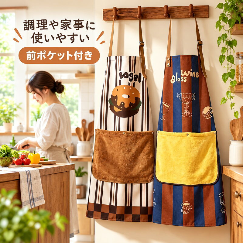 キッチン用エプロンは、首掛けひも、腰ひも、前面ポケットと取り外しできる拭き取り用タオルを備えた布製エプロンです。商品画像では、縦方向のストライプ柄とコーヒーを思わせる青系ストライプ柄、前面に付いた異なる色合いのポケットを確認できます。調理や家事、カフェ風の作業スペースで衣類まわりを整えたい場面に合わせてお使いいただけます。着用前には首ひもと腰ひもの長さを体に合わせ、ポケットとタオルの位置が動作を妨げないことを確認してください。作業中に濡れたものを扱う場合は、タオルの状態を確認し、使用後は素材表示に従ってお手入れしてください。撮影環境により柄や生地の見え方が異なる場合があります。商品画像と仕様をあわせてご確認のうえ、ご検討いただけますと幸いです。 物理寸法は商品情報から確認できないため、着用前に着丈身幅腰回りなど使用環境に合うかをご確認ください。
