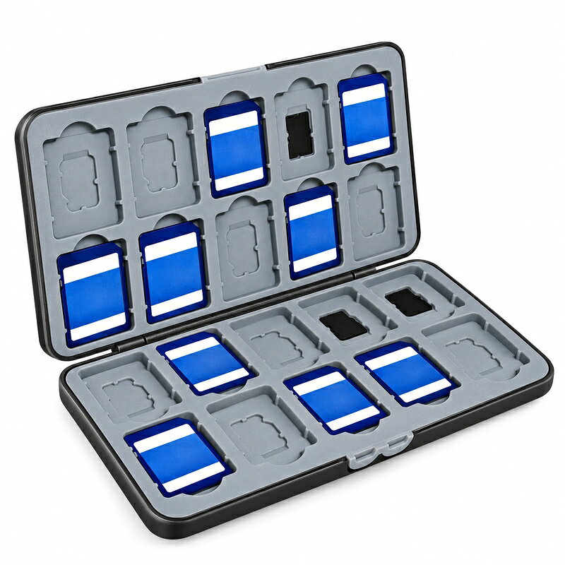 SDカードとmicroSDカードをまとめて保管できる専用収納ケースです。商品画像と寸法図で確認できる構成は、SDカード20枚とmicroSDカード20枚の計40枚を整理できる仕切り付きのケースです。ケース本体はABSプラスチック製で、中にはカードを収める仕切りと、カードに触れるやわらかなシリコーン系ライニングが見えるため、カードをばらばらに置かず種類ごとに管理しやすい設計です。寸法図では本体の目安を約15.9cm 8.4cm 1.5cm、重量は本体約139g、包装込み約155gと確認できます。別の表示寸法が掲載される場合もあるため、購入前は掲載画像の寸法線と表示内容をご確認ください。確認できる収納構成は、開閉式のケースにカードを一枚ずつ収める形式です。自宅の引き出しや撮影機材の収納場所、持ち運び用の整理ケースとして、メモリーカードを見つけやすくまとめたい方に適しています。カードの種類と収納位置を確認し、落下や強い圧力を避けて、用途に合わせてお使いください。撮影環境や表示機器により色合いや見え方が異なる場合があります。ご検討いただけますと幸いです。