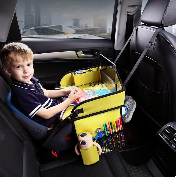 BADUS 車載 キッズトレイ 子供用 テーブル チャイルドシート 後部座席 ベビーカー 折りたたみ 収納ポケット カップホルダー 調整ベルト お絵描き 遊び 軽食 旅行 イエロー 無地