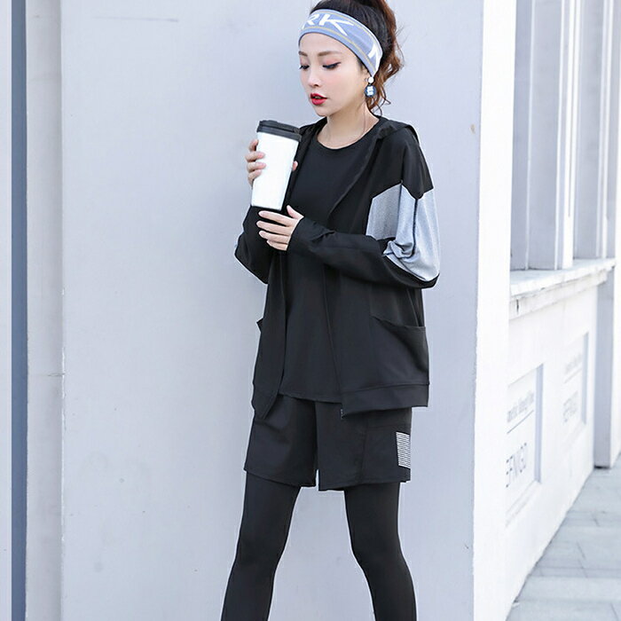 スポーツウェア レディース 4点セット 上下セット 大きいサイズ レギンス ヨガウェア トップス パーカー ショートパンツ ランニングウェア トレーニングウェア フィットネスウェア ジムウェア M L XL 2XL 3XL 4XL送料無料 3