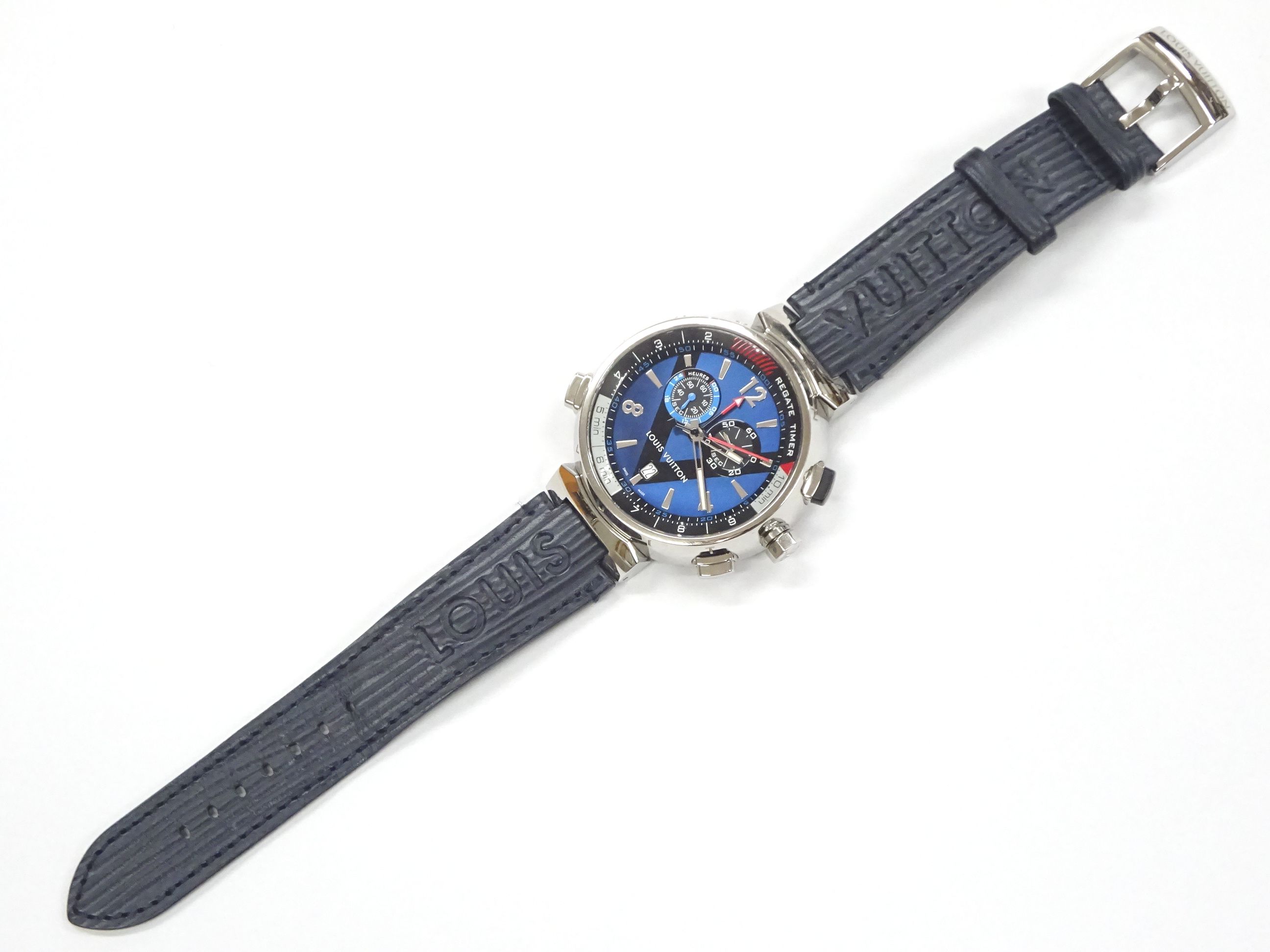 LOUIS VUITTON ルイ・ヴィトン Q102D タンブール レガッタ クロノグラフ デイト アラーム クォーツ メンズ 腕時計 ブルー【中古】訳有 難有