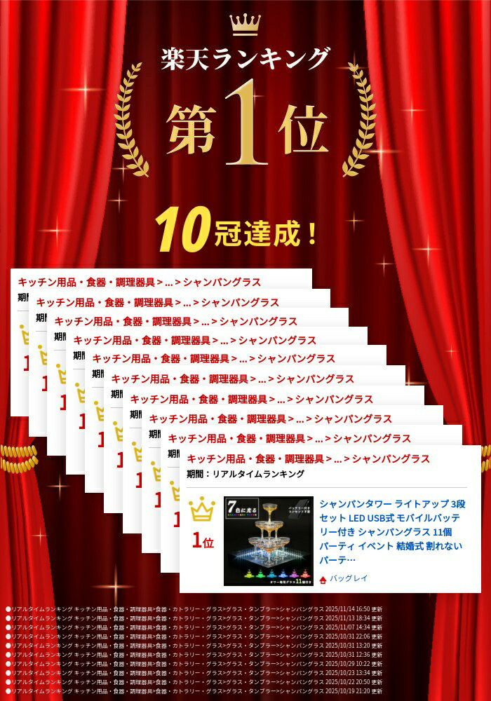 シャンパンタワー ライトアップ 3段 セット LED USB式 モバイルバッテリー付き シャンパングラス 11個 パーティ イベント 結婚式 割れない パーティーグッズ グラス おしゃれ 女子会 お祝い 2