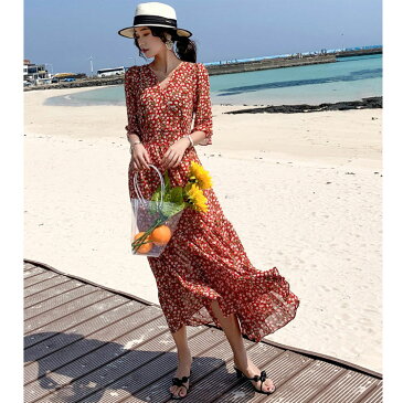 【5時間限定30%OFFクーポン】 花柄 ワンピース ロング レディース 春 夏 秋 ロングワンピース マキシ丈 五分袖 七分袖 半袖 シフォン Vネック マキシワンピース 総柄 きれいめ 大人 ボヘミアン ウエストゴム フリル aライン 大きいサイズ 大人かわいい おしゃれ レトロ 赤