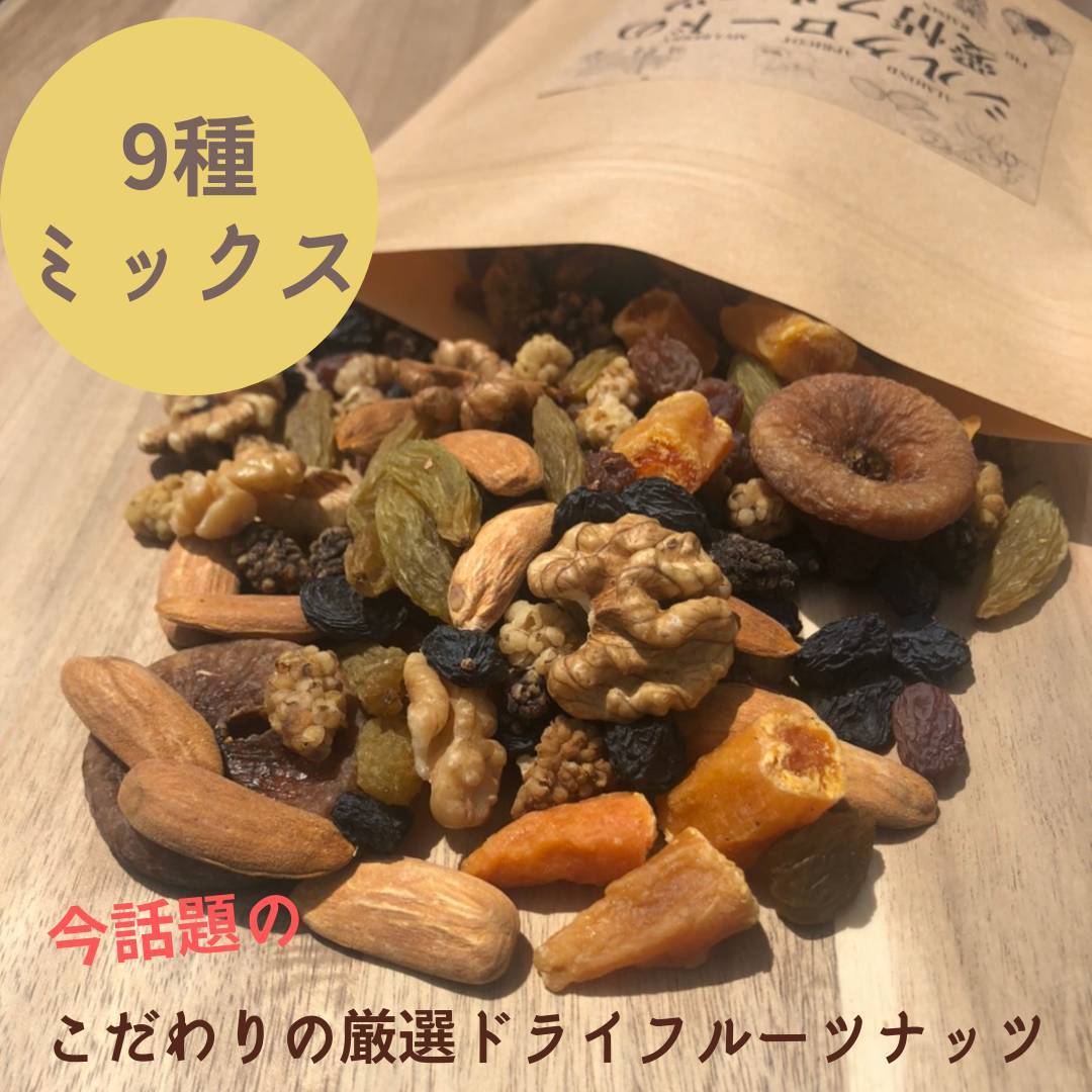 【送料無料】100g x3パック　9種のミックスナッツ、フルーツ【当店オススメ】【当店売れ筋】 ナッツ ドライフルーツ 砂糖不使用　無添加 レーズン ドライレーズン 生くるみ 生クルミ 生アーモンド マルベリー グリーンレーズン 保存食 非常食 備蓄食品 備蓄食 保存食品