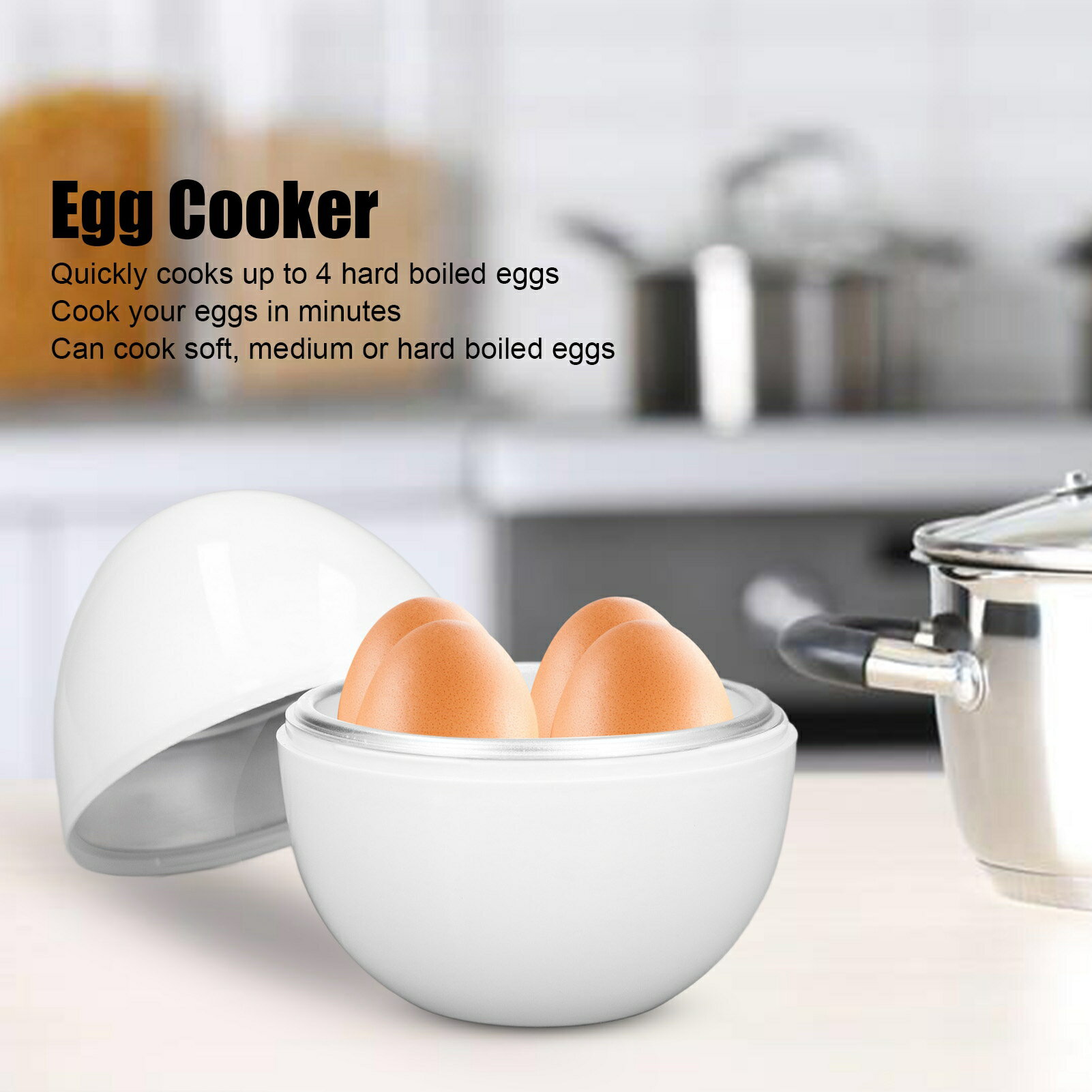 卵調理器 卵4個容量 コンパクトデザイン ABS素材 卵の形 電子レンジ機能 卵ボイラー 柔らかい中型または固ゆで卵を調理します