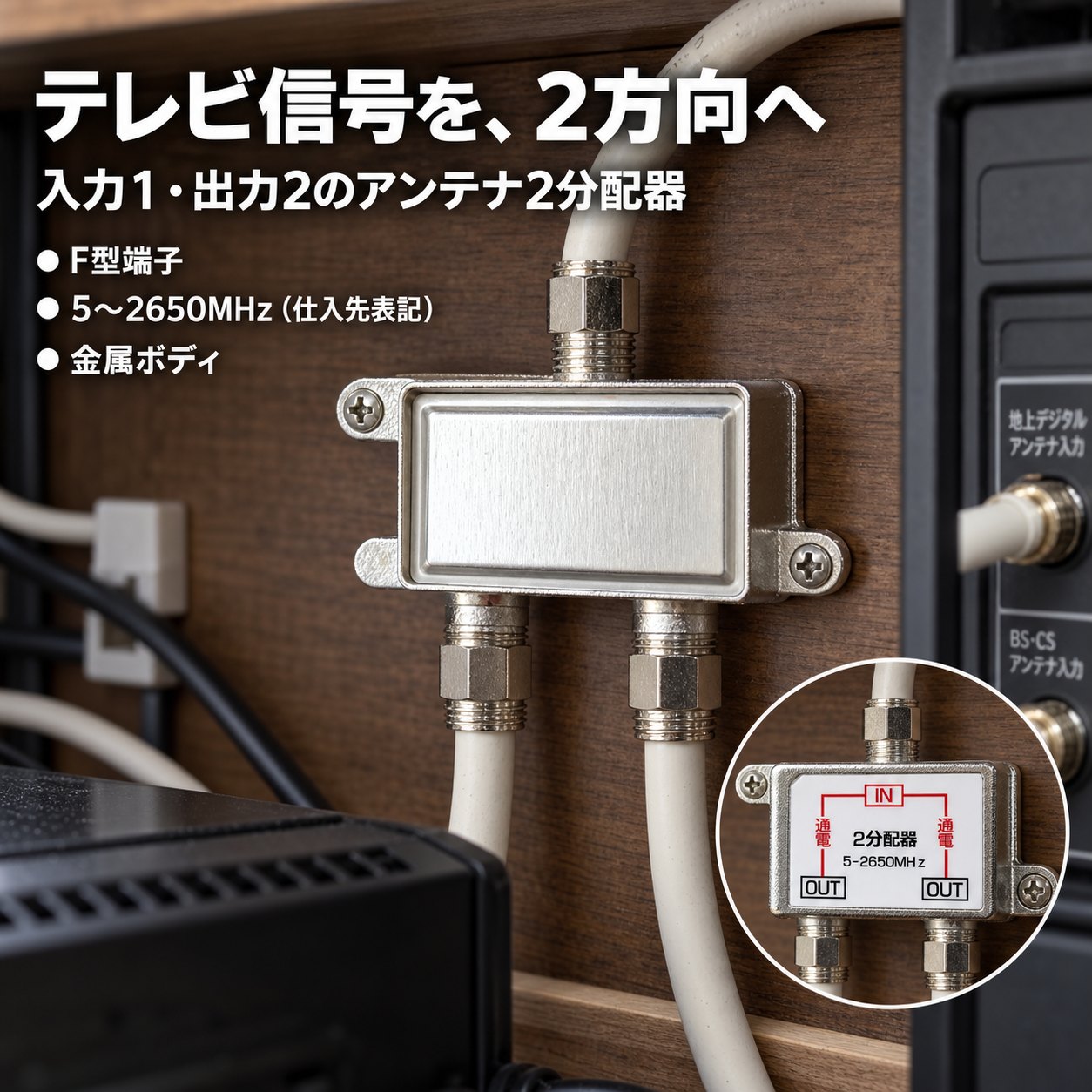 アンテナ分配器 2分配器 F型端子 5〜2650MHz 入力1・出力2 テレビ信号分配 金属ボディ 本体1個 TV分配器