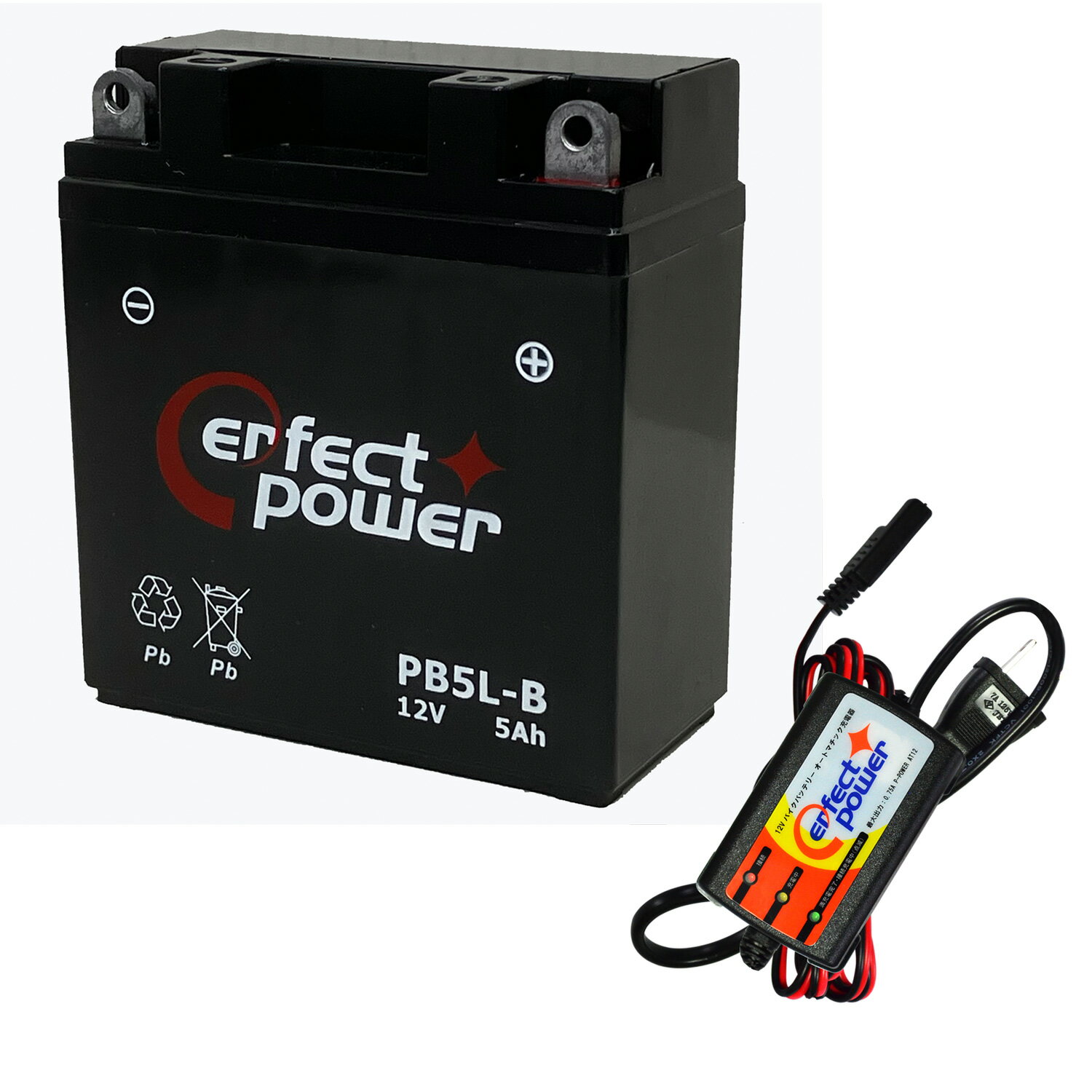 バイクバッテリー充電器セット ◆ PerfectPower充電器 + PERFECT POWER PB5L-B 充電済 互換 YB5L-B FB5L-B 12N5-3B GM5Z-3B適合 RZ125 TZR125 TZR250 TDR250 R1-Z SRX400 初期充電済 即使用可能