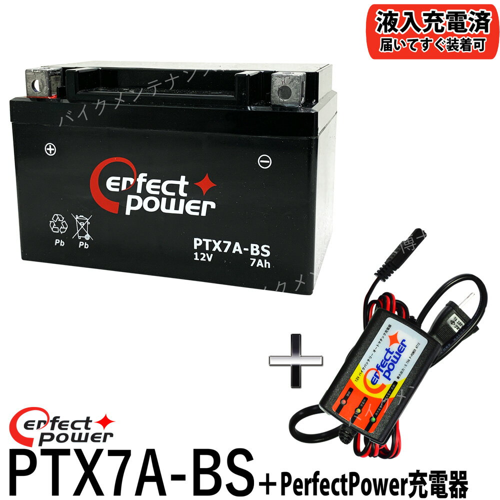 バイクバッテリー充電器セット ◆ PerfectPower充電器 PERFECT POWER PTX7A-BS 初期充電済 即使用可能 互換 YTX7A-BS DTX7A-BS FTX7A-BS GTX7A-BSアドレスV125 マジェスティ125 シグナスX ヴェクスター125