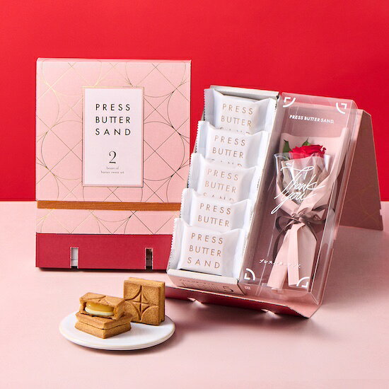 【母の日】【公式】PRESS BUTTER SAND バターサンド 5個入 ＆ フラワーギフトセット【のし無料】【お取り寄せ プレゼント 常温 高級 手土産 お菓子 スイーツ 洋菓子 焼き菓子 詰め合わせ ギフト 誕生日 個包装 おしゃれ】のサムネイル