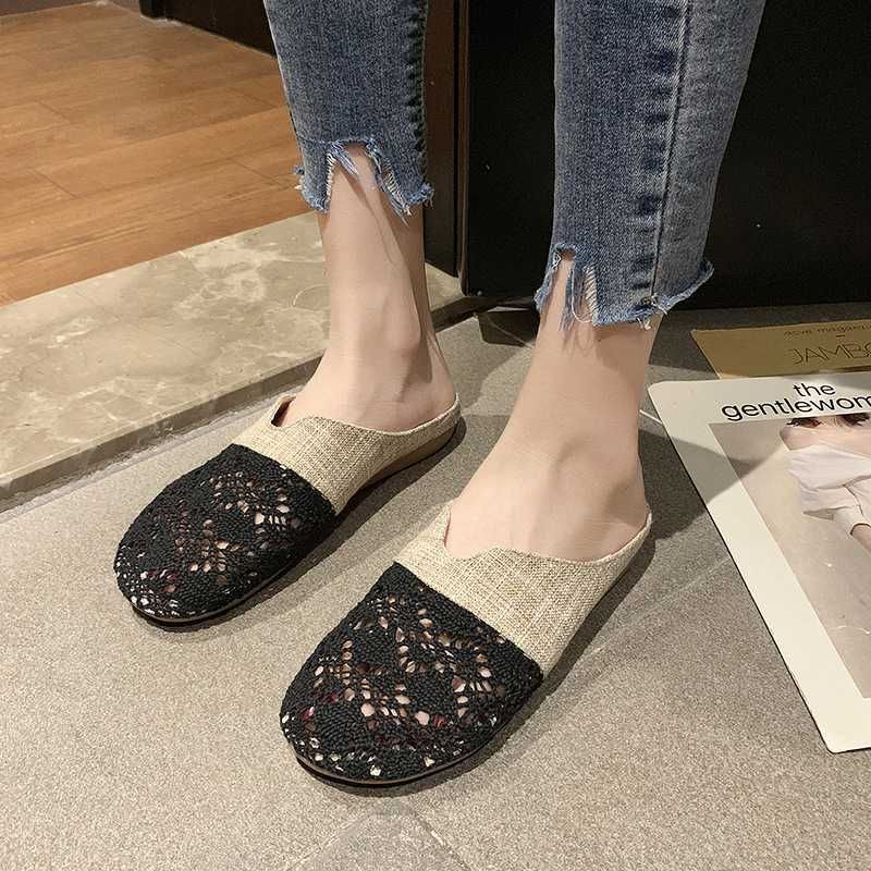 スリッパ 夏用 麻 ルームシューズ　来客用　オフィス　夏用 秋用　通年可　スリッパ 透かし彫り かわいい ご自宅用 スリッパ サンダル レディース　花柄 刺繍　黒 ベージュ 敬老の日 ギフト 母の日 応援 再再再再再再再入荷済 ! bakka-10001188 バッカ サンプル画像2
